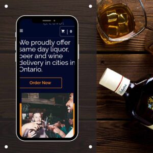 Mobile phone displaying After Hours Alcohol website with text about same-day liquor delivery in Ontario, surrounded by whiskey and a bottle on a wooden table