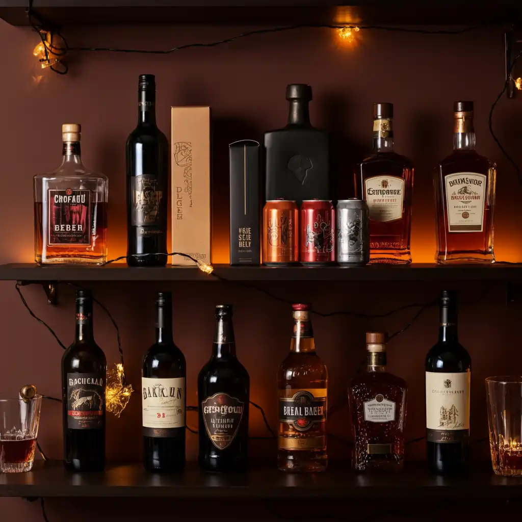 An assortment of liquor bottles and cans displayed on wooden shelves, decorated with warm string lights for an elegant presentation