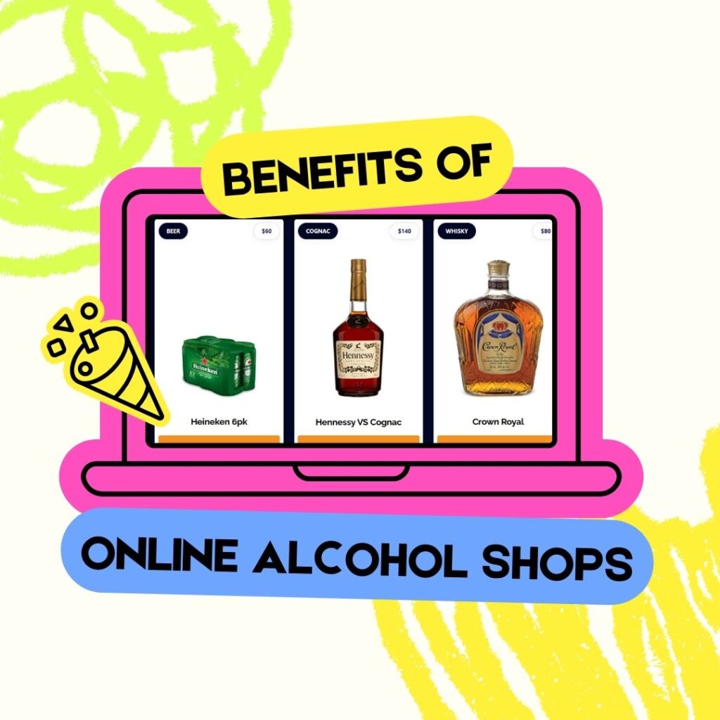 Illustration of a laptop screen displaying beer, cognac, and whisky bottles with the title 'Benefits of Online Alcohol Shops' in bold text