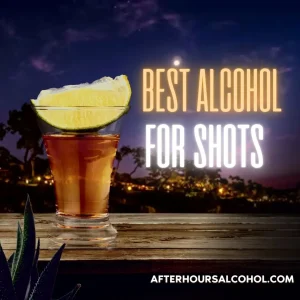 A tequila shot with a fresh lime wedge on a rustic wooden bar, set against a vibrant nighttime backdrop. Perfect for those looking for the best alcohol for shots and party drinks.