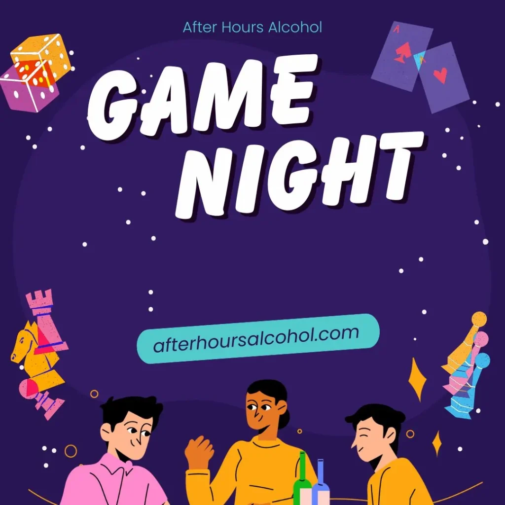 A fun, illustrated design promoting a game night with friends, featuring board game elements and drinks. Perfect for alcohol shot games and party entertainment.