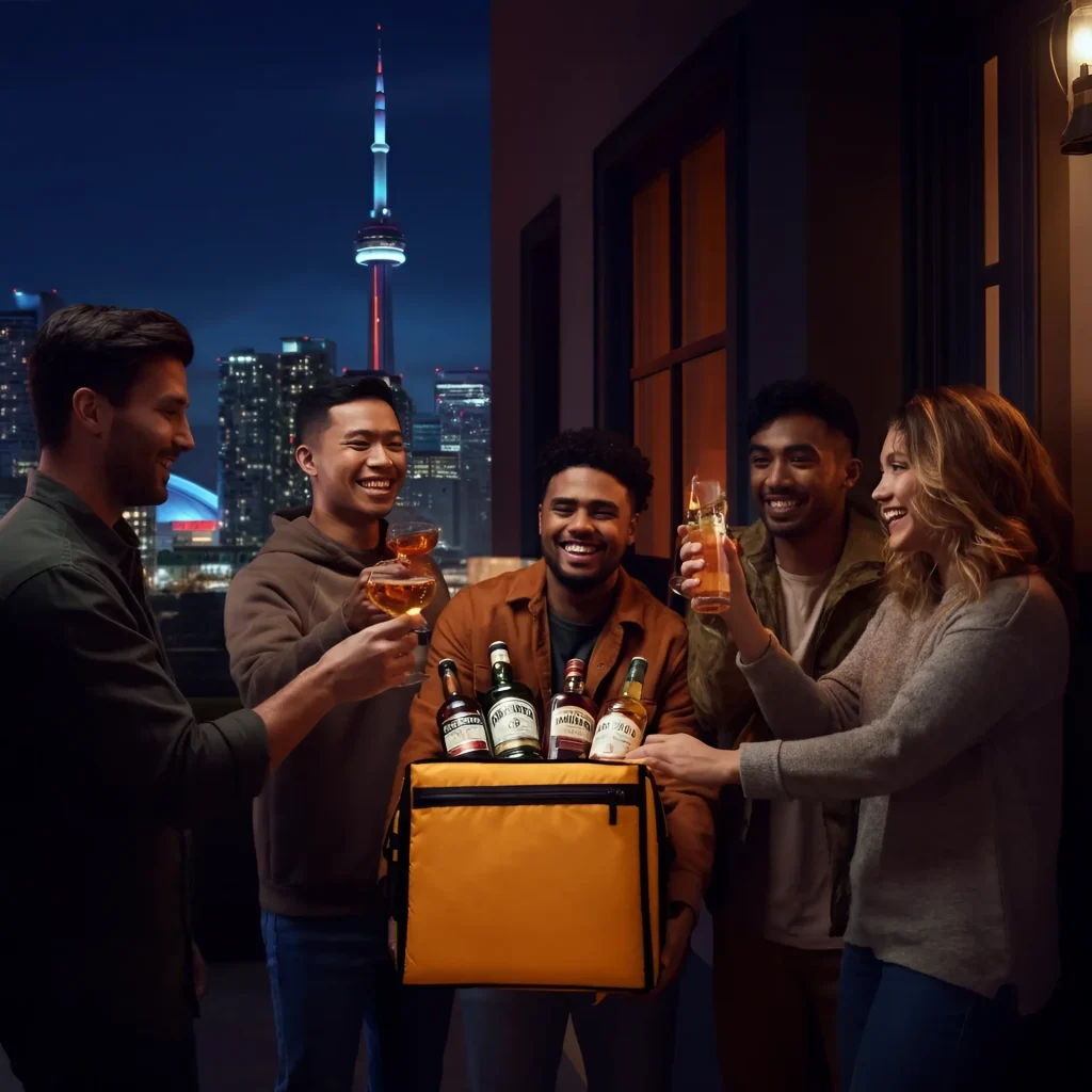 Group of friends enjoying delivered beverages with the Toronto skyline and CN Tower illuminated at night in the background