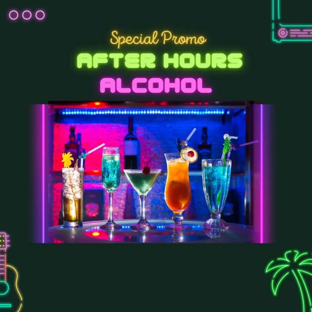 Colorful cocktails on a bar counter with neon text 'Special Promo After Hours Alcohol' and vibrant neon designs in the background.