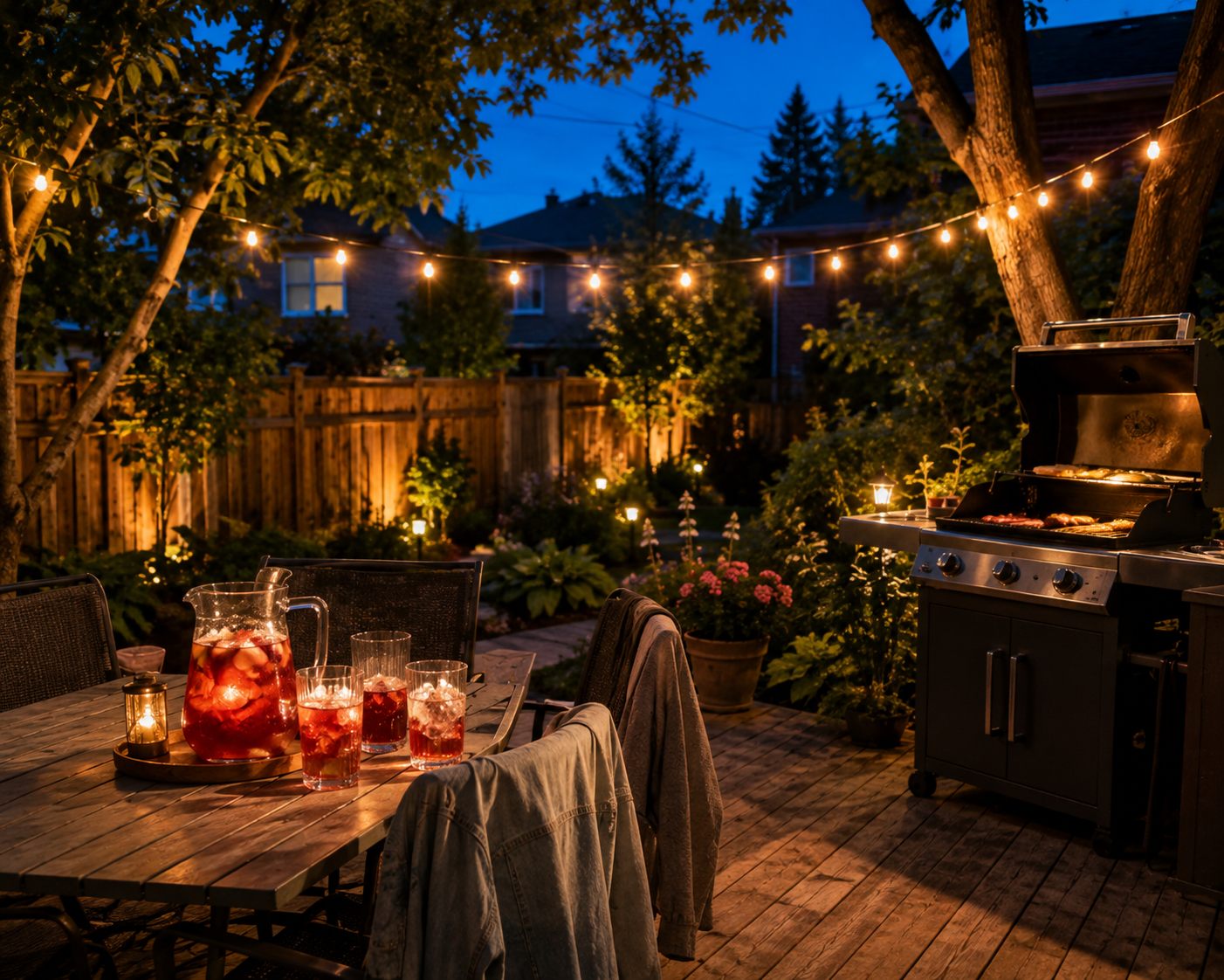 A suburban back garden at dusk with string lights, a lit barbecue and a jug of fruit punch on the table