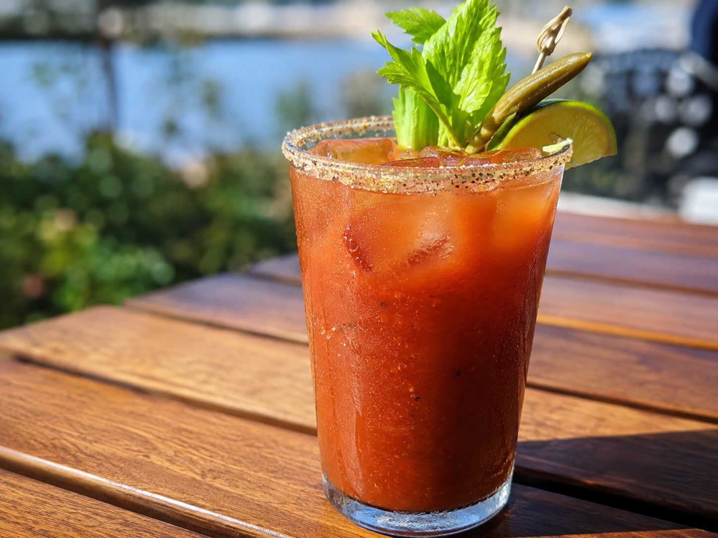 A Caesar cocktail in a tall glass with a celery salt rim, garnished with a celery stalk, pickled bean and lime wedge