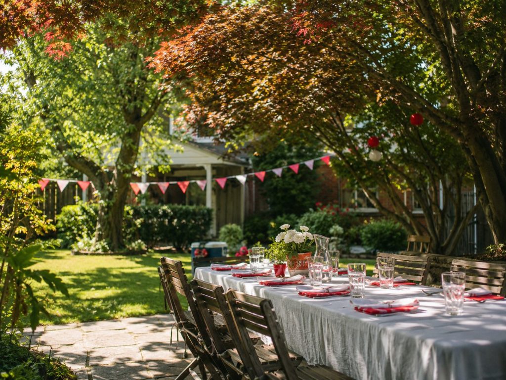 A long table set for Canada Day in a leafy back garden, with red and white bunting and a jug of water