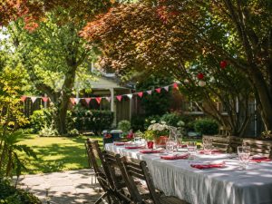 A long table set for Canada Day in a leafy back garden, with red and white bunting and a jug of water