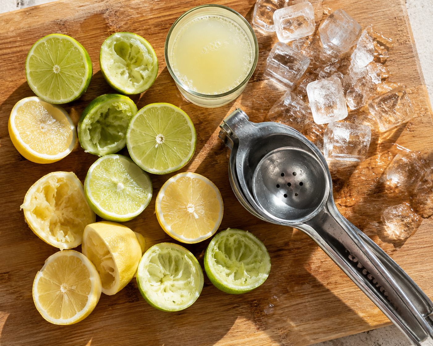Halved and juiced limes and lemons on a wooden board with a metal citrus press, a glass of fresh juice and ice cubes
