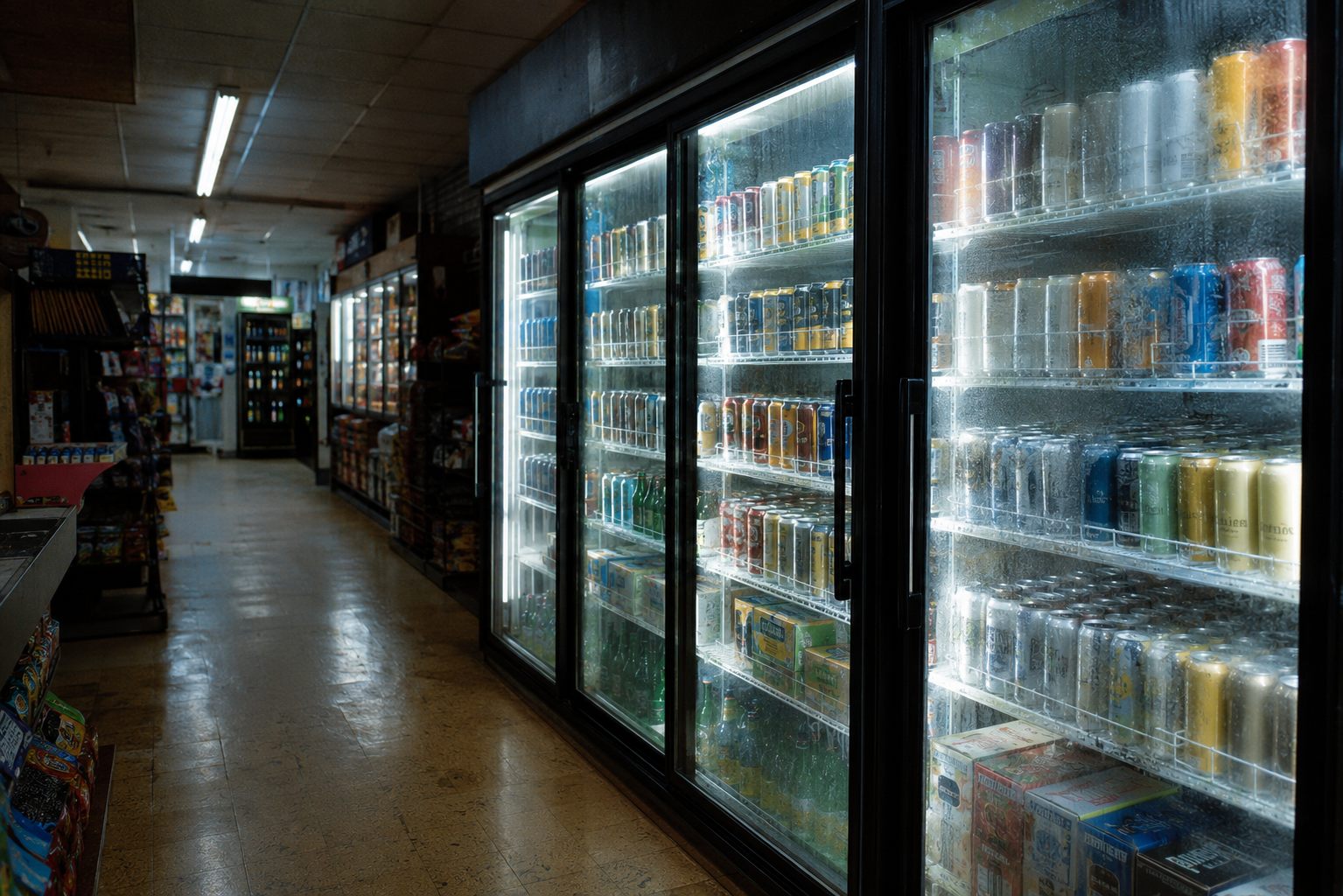 Lit refrigerated coolers stocked with cans and bottles along the aisle of a small convenience store at night