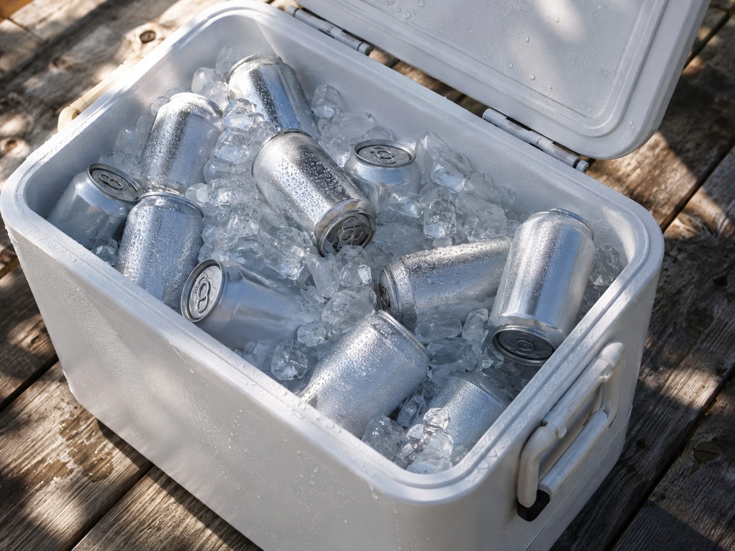 An open cooler packed with ice and unlabelled drink cans, sitting on weathered dock boards in sunlight