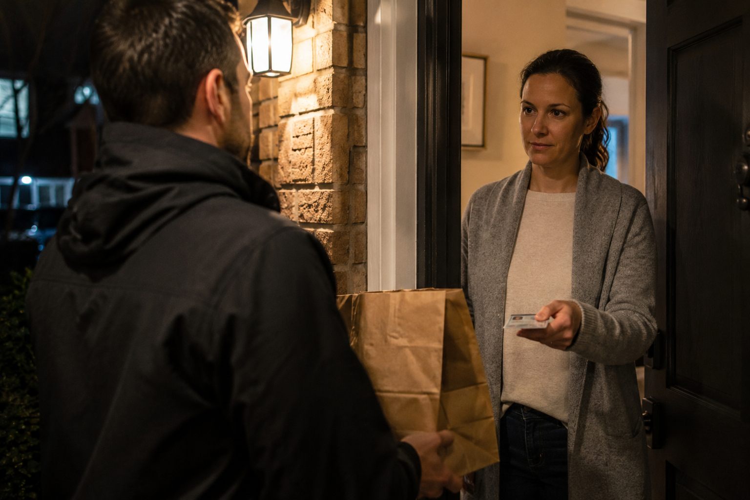 A customer handing a photo ID card to a delivery driver holding a paper bag at a lit front door at night