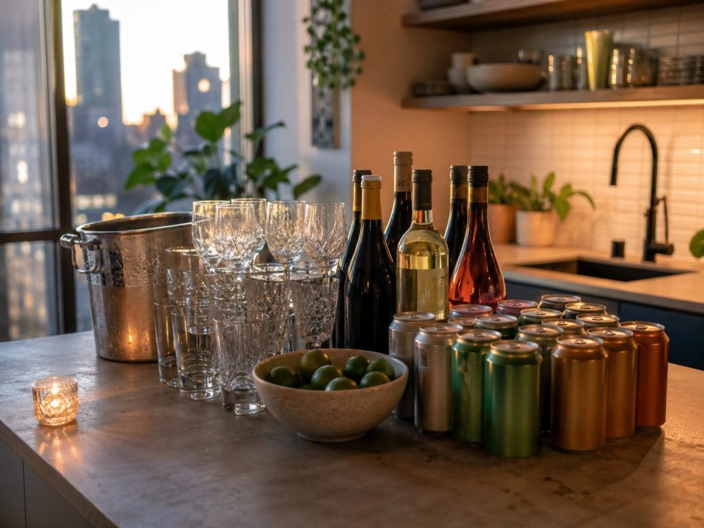 A kitchen counter laid out for a party with wine bottles, beer cans, glassware, an ice bucket and a bowl of limes