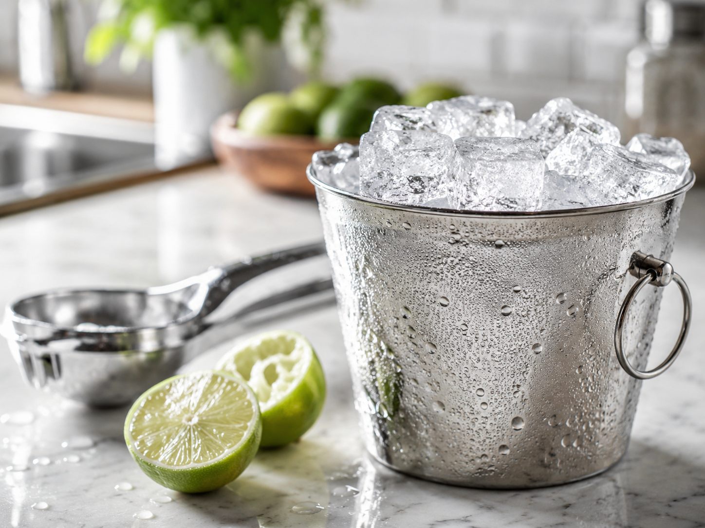 A metal ice bucket filled with ice beside halved limes and a citrus press on a marble counter