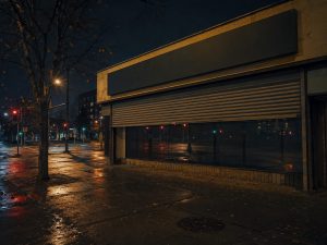 A closed liquor store at night with its security shutter pulled down, seen from a wet, empty sidewalk