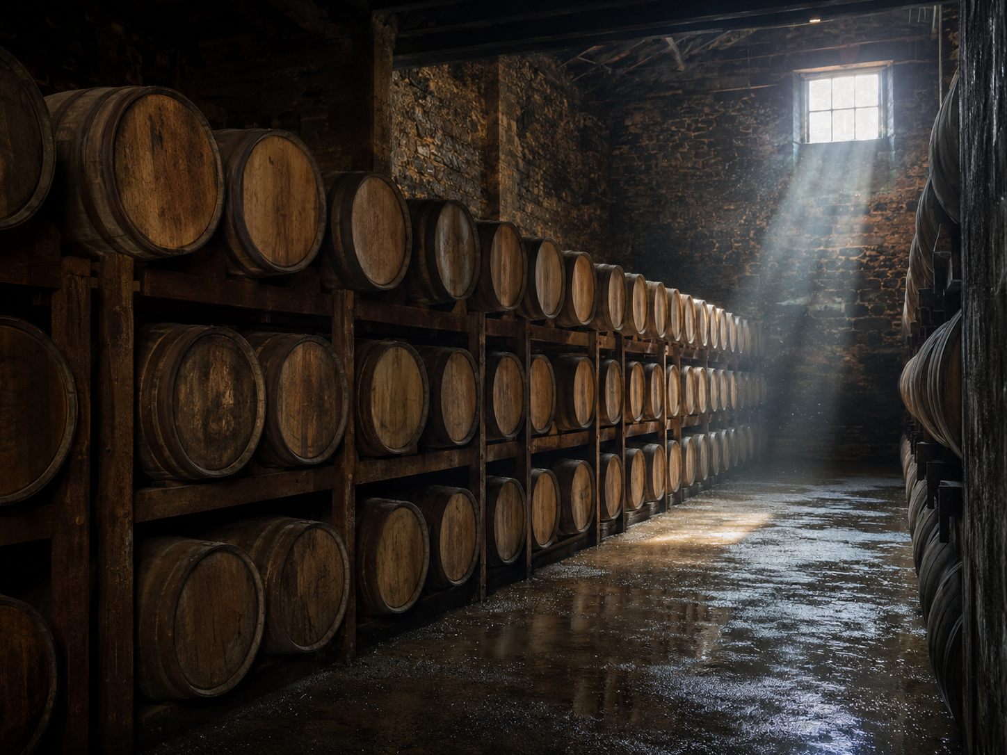 Rows of oak whisky casks stacked on wooden racks in a dim stone warehouse, with light falling from a high window