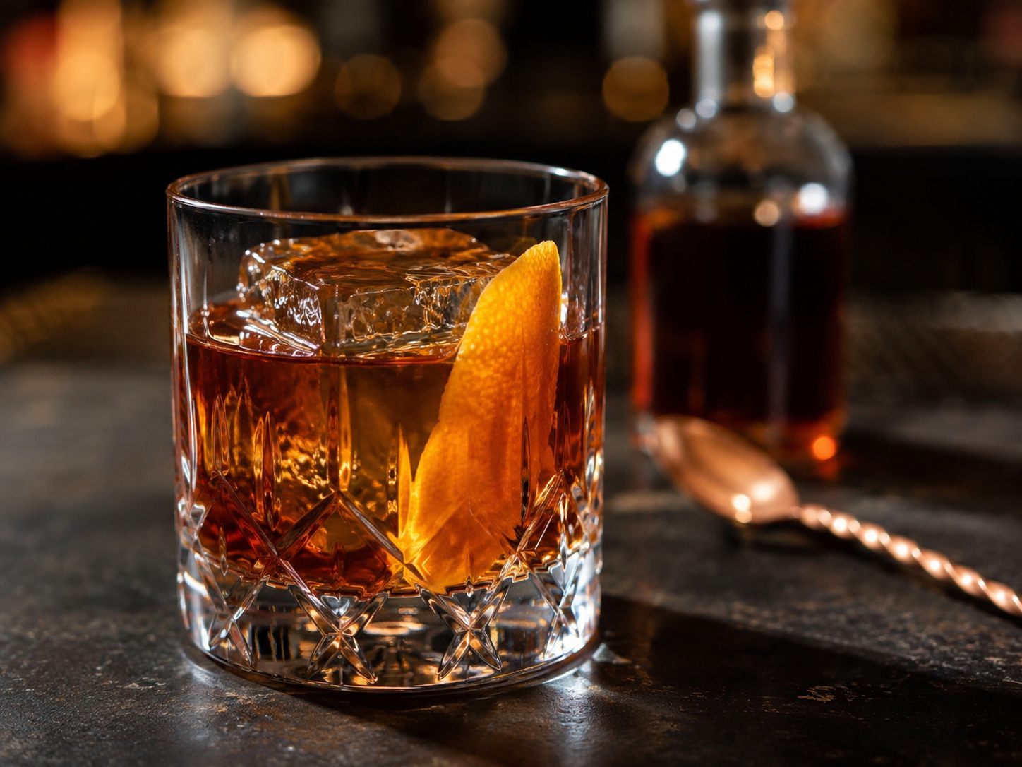 An Old Fashioned in a cut-crystal rocks glass with one large ice cube and a wide orange peel, beside a bar spoon