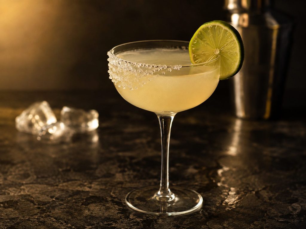 A margarita in a coupe glass with a salted rim and a lime wheel, on a dark stone bar top