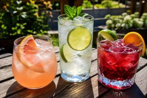 Three summer cocktails in different glasses on a sunlit wooden table, garnished with citrus and mint