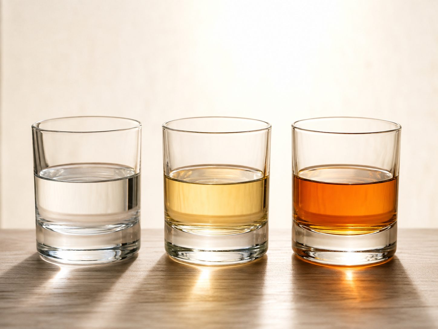 Three tumblers side by side holding clear, pale gold and deep amber tequila, backlit on a wooden surface