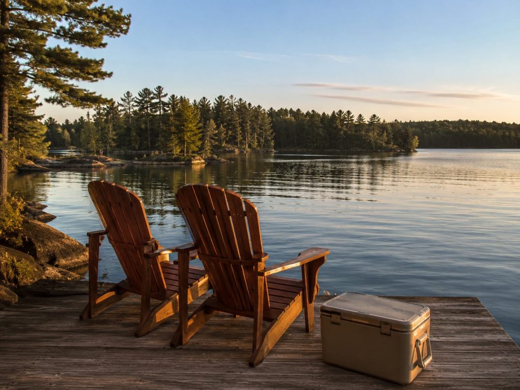 Two Muskoka chairs and a cooler on a wooden dock facing a calm Ontario lake at sunset