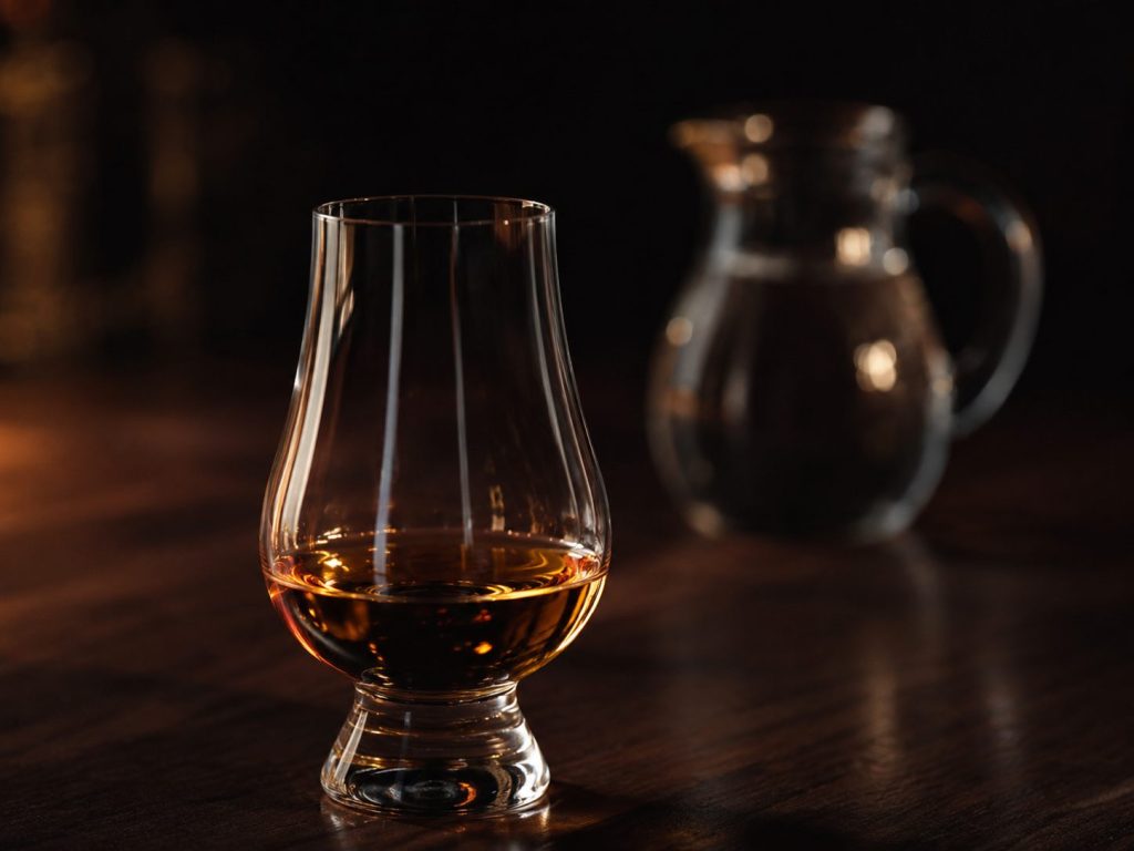 A tulip-shaped nosing glass of amber whisky on a dark wooden table, with a small water jug behind it